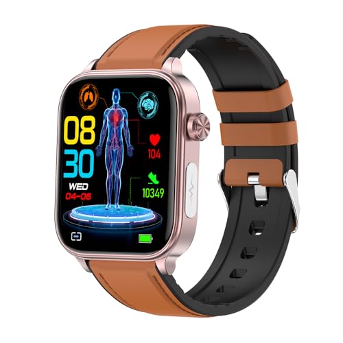bergxperten GlucoCare SOS Smartwatch für Damen und Herren, Fitnessuhr mit Bluetooth Anrufen & Nachrichten, Kompatibel mit Android iOS (Brown (Leather Strap)) von AngLink