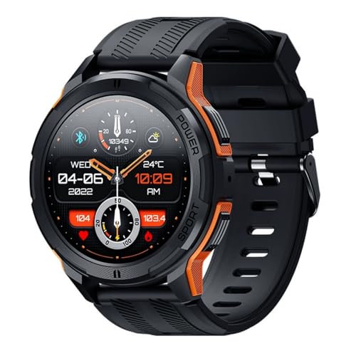 notkraft Robust Militär Die unzerstörbare Smartwatch Herren 1,43'' HD Fitnessuhr mit Bluetooth-Anrufen, wasserdicht, Blutdruck Herzfrequenzüberwachung, 100+ Sportmodi Android& iOS (Orange) von AngLink