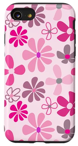Niedliche rosa Blumen, Retro-Stil der 70er Jahre, Design für Mädchen Hülle für iPhone SE (2020) / 7 / 8 von Angela Dow Designs