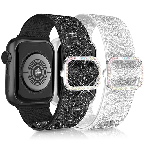 Aniaboho 2 Stück Nylon Armband Kompatibel mit Funkelnd Apple Watch Armband Sport 42mm(Series 10) 40mm 41mm 38mm, für Apple Watch Ultra 2 1 SE 10 9 8 7 6 5 4 3 2 1, Schwarz/Silber von Aniaboho