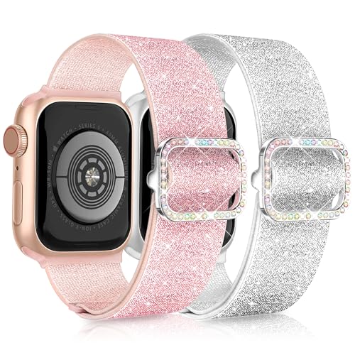Aniaboho 2 Stück Nylon Armband Kompatibel mit Apple Watch Armband Sport 42mm(Series 10) 40mm 41mm 38mm, Funkelnd iWatch Armband für Apple Watch Ultra 2 1 SE 10 9 8 7 6 5 4 3 2 1 Armband, Rosa/Silber von Aniaboho