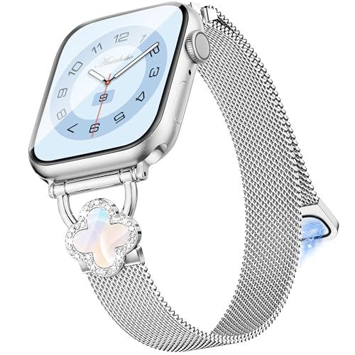 Aniaboho Kompatibel mit Apple Watch 10 Milanaise Armband 42mm(Series 10) 40mm 41mm 38mm, Funkeln Diamant Edelstahl Klee iWatch Armband für Apple Watch Ultra 2 1 SE 10 9 8 7 6 5 4 3 2 1 Armband, Silber von Aniaboho