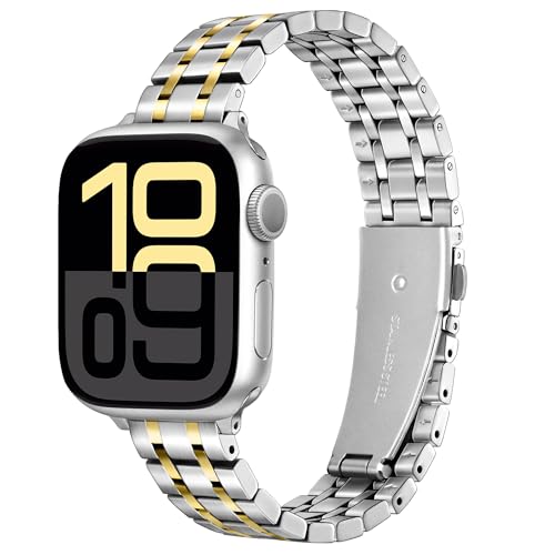 Aniaboho Kompatibel mit Apple Watch Armband 41mm 40mm 38mm 46mm 45mm 44mm 42mm, Herren Damen, Einstellbar Metall Armbänder aus Edelstahl für iWatch Series Se Ultra 10 9 8 7 6 5 4 3 2 1(Silber&Gold) von Aniaboho