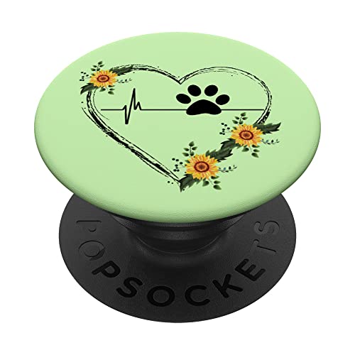 Pfotenabdruck-Herzschlag mit Sonnenblumen-Herz auf Grün PopSockets mit austauschbarem PopGrip von Animal Art For The Dog Lover