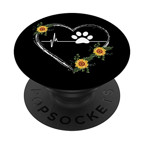 Pfotenabdruck-Herzschlag mit Sonnenblumen-Herz auf Schwarz PopSockets mit austauschbarem PopGrip von Animal Art For The Dog Lover