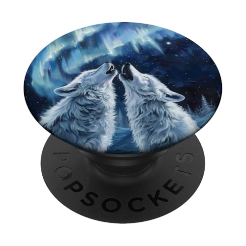 Weiße Wölfe heulen bei Mond-Nordlichtern PopSockets Klebender PopGrip Weiße Wölfe heulen bei Mond-Nordlichtern PopSockets Klebender PopGrip von Animal Lover Wolf Accessories