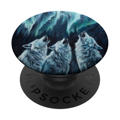Weiße Wölfe heulen bei Mond-Nordlichtern PopSockets Klebender PopGrip Weiße Wölfe heulen bei Mond-Nordlichtern PopSockets Klebender PopGrip von Animal Lover Wolf Accessories