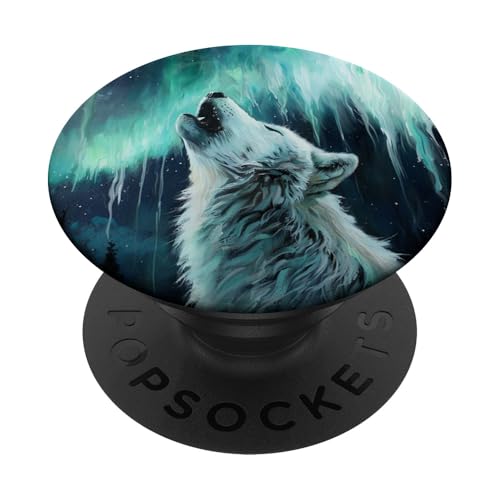 Weißer Wolf heult bei Mond-Nordlichtern PopSockets Klebender PopGrip von Animal Lover Wolf Accessories