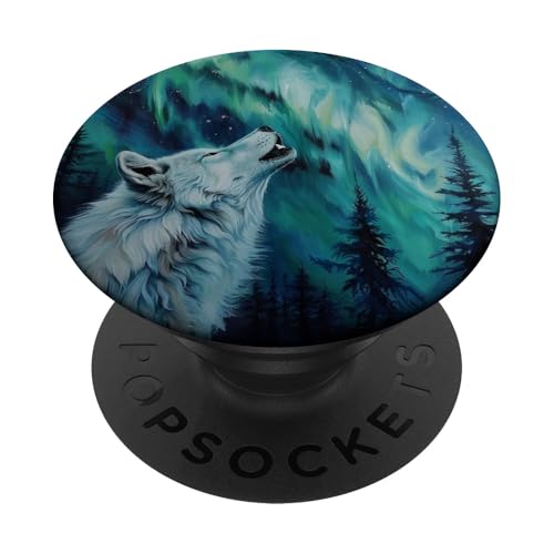 Weißer Wolf heult bei Mond-Nordlichtern PopSockets Klebender PopGrip Weißer Wolf heult bei Mond-Nordlichtern PopSockets Klebender PopGrip von Animal Lover Wolf Accessories