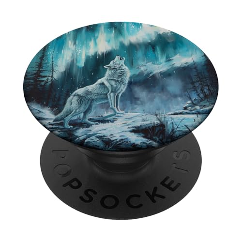 Weißer Wolf heult bei Mond-Nordlichtern PopSockets Klebender PopGrip Weißer Wolf heult bei Mond-Nordlichtern PopSockets Klebender PopGrip von Animal Lover Wolf Accessories