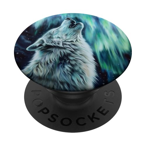 Weißer Wolf heult bei Mond-Nordlichtern PopSockets Klebender PopGrip Weißer Wolf heult bei Mond-Nordlichtern PopSockets Klebender PopGrip von Animal Lover Wolf Accessories