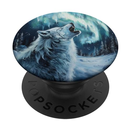 Weißer Wolf heult bei Mond-Nordlichtern PopSockets Klebender PopGrip Weißer Wolf heult bei Mond-Nordlichtern PopSockets Klebender PopGrip von Animal Lover Wolf Accessories