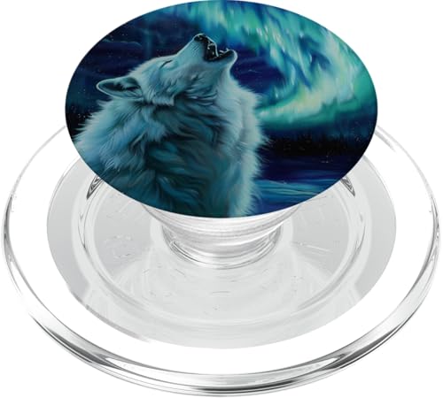 Weißer Wolf heult bei Mond-Nordlichtern PopSockets PopGrip für MagSafe Weißer Wolf heult bei Mond-Nordlichtern PopSockets PopGrip für MagSafe von Animal Lover Wolf Accessories