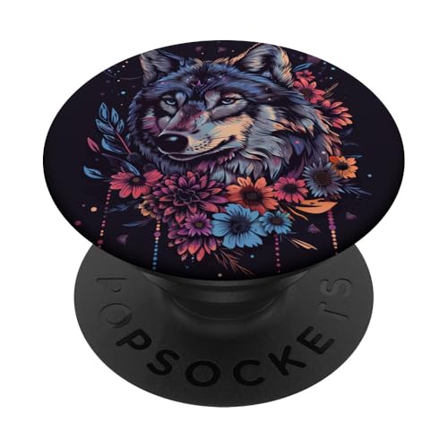 Wolf mit Blumen rund um den Boho-Stil PopSockets Klebender PopGrip Wolf mit Blumen rund um den Boho-Stil PopSockets Klebender PopGrip von Animal Lover Wolf Accessories