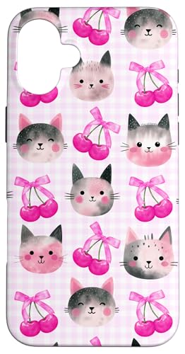 Cherry Cute Bow Magentarosa Preppy Coquette Grey Cat für Mädchen Hülle für iPhone 16 Plus Cherry Cute Bow Magentarosa Preppy Coquette Grey Cat für Mädchen Hülle für iPhone 16 Plus von Animal Print Cute And Fun