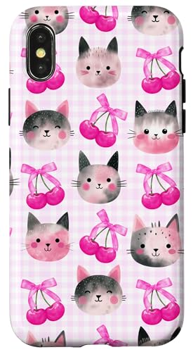 Cherry Cute Bow Magentarosa Preppy Coquette Grey Cat für Mädchen Hülle für iPhone X/XS Cherry Cute Bow Magentarosa Preppy Coquette Grey Cat für Mädchen Hülle für iPhone X/XS von Animal Print Cute And Fun