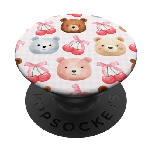 Coquette Bärengesichter für Mädchen, Kirsche, niedliche Schleife, rosafarben PopSockets Klebender PopGrip von Animal Print Cute And Fun