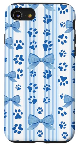 French Blue Fun Stripe Coquette Mädchen Kirschschleife Katze Hund Pfote Hülle für iPhone SE (2020) / 7 / 8 von Animal Print Cute And Fun