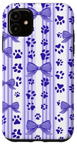 Niedliche lila lustige gestreifte Kokette Mädchen Kirschschleife Katze Hund Pfote Hülle für iPhone 11 von Animal Print Cute And Fun