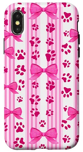 Niedliche rosa gestreifte Kokette Mädchen Kirschschleife Katze Hund Pfote Hülle für iPhone X/XS Niedliche rosa gestreifte Kokette Mädchen Kirschschleife Katze Hund Pfote Hülle für iPhone X/XS von Animal Print Cute And Fun