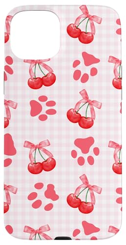 Rote Kokette Mädchen rosa karierte Kirschschleife Katze Hund Pfote Hülle für iPhone 15 Plus von Animal Print Cute And Fun