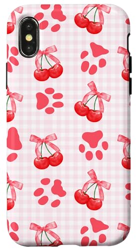 Rote Kokette Mädchen rosa karierte Kirschschleife Katze Hund Pfote Hülle für iPhone X/XS von Animal Print Cute And Fun
