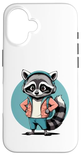 Cooler Waschbär im Vintage Cartoon Stil mit Kopfhörern Hülle für iPhone 16 von Animals of the World - Raccoon