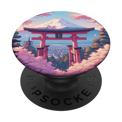 Anime Lofi Japanische Landschaft Mount Fuji Torii Gate PopSockets Klebender PopGrip von Anime Landscapes