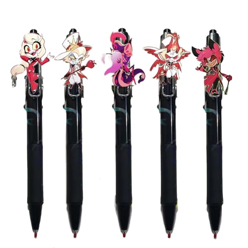Hazbin Hotel Merch Alastor Angel Dust Charlie 5 Stück Anime-Stifte Schreibwaren-Set für Jungen Mädchen Schüler Schulbedarf Kugelschreiber Push Action Unisex Geschenke von Anjinguang