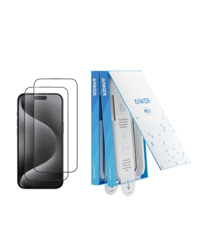 Anker Displayschutzfolie, blasen- und staubfreies HD Panzerglas, Schutzfolie für iPhone, langlebig und sturzsicher mit 9H Härte, einfache Installation, exklusiv für iPhone 15 Pro Max (2er-Pack) von Anker