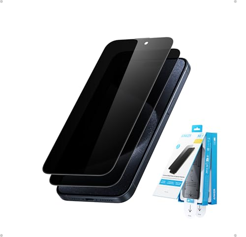 Anker Easy Fit Privacy Displayschutz, robuster und dünner ShieldX-Schutz, gegen Staub & Fingerabdrücke mit erweitertem Schutz, schnelle & einfache Installation, 17cm für iPhone 15 Pro Max (2er Pack) von Anker
