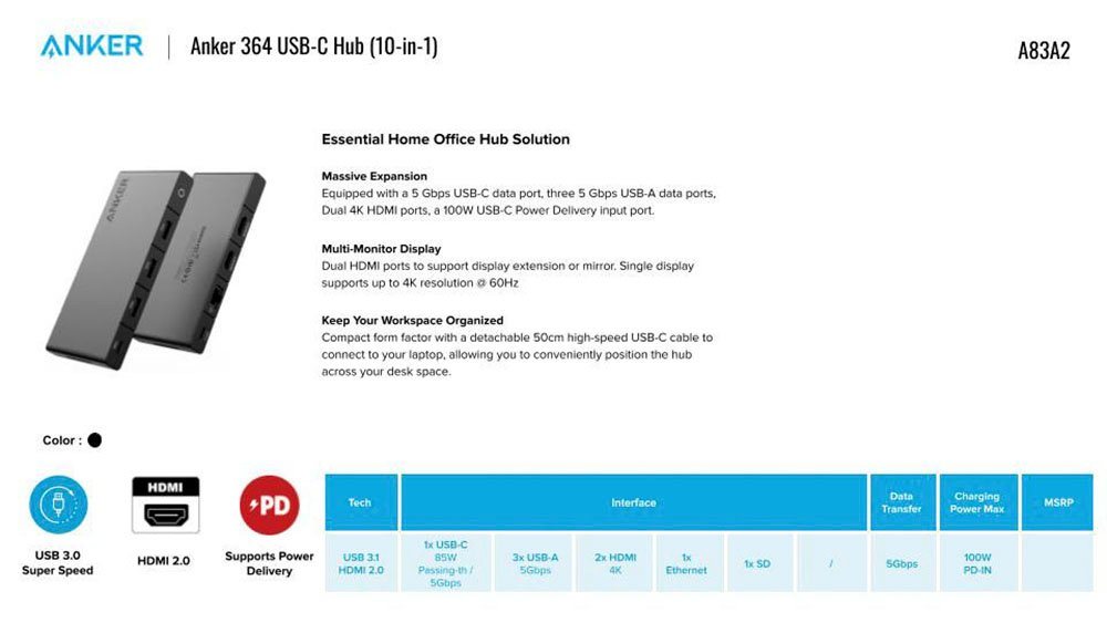 Anker Hub 364 USB C Hub (10-in-1, Dual 4K HDMI) USB-Adapter zu HDMI, RJ-45 (Ethernet), SD-Card, USB 2.0, USB 3.0, USB-C von Anker