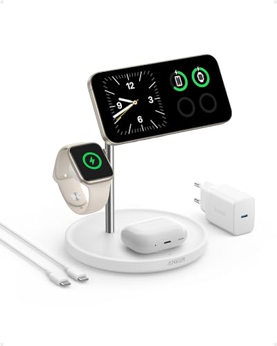 Anker MagGo 3-in-1 Kabellose Ladestation, 15W kabelloser Ladeständer, MagSafe-kompatibel, Qi2-zertifiziert, für iPhone 15/14/13 Serie, AirPods Pro, Apple Watch Ultra (Mit USB-C Netzteil und Kabel) von Anker