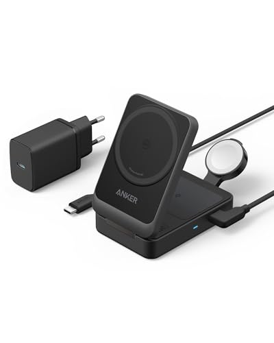 Anker MagGo 3-in-1 Ladestation, Qi2 zertifizierter 15W kabelloser Ladeständer, MagSafe kompatibel, Apple Watch Ladegerät, Für iPhone 16/15/14, AirPods, Apple Watch 9 (Mit 40W USB-C Netzteil) von Anker