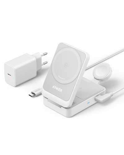 Anker MagGo 3-in-1 Ladestation, Qi2 zertifizierter 15W kabelloser Ladeständer, MagSafe kompatibel, Apple Watch Ladegerät, Für iPhone 16/15/14, AirPods, Apple Watch 9 (Mit 40W USB-C Netzteil) von Anker