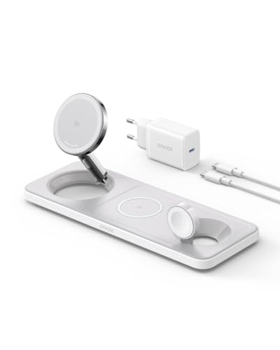 Anker MagGo Faltbare 3-in-1 Kabellose Ladestation, Qi2-zertifiziertes ultraschnelles 15W kabelloses Ladegerät für iPhone 15/14/13/12 Serie, AirPods Pro, Apple Watch Ultra (Mit USB-C Ladegerät + Kabel) von Anker