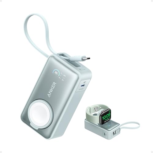 Anker MagGo Powerbank für Apple Watch, offiziell Zertifiziert, 10.000mAh kompaktes Akkupack mit integriertem USB-C-Kabel, 35W Max., für iPhone 15 Serie, Samsung, iPad, AirPods und mehr von Anker