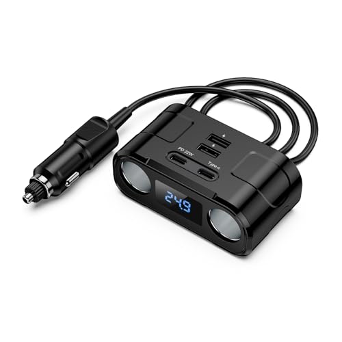 Ankilo 6 in 1 Zigarettenanzünder Verteiler Auto Adapter KFZ Ladegerät 2 Steckdose 12V/24V Mehrfach Splitter DC mit LED Voltmeter 2 USB Anschlüsse PD Auto Ladegerät Adapter für GPS/Dash Cam/Telefon von Ankilo