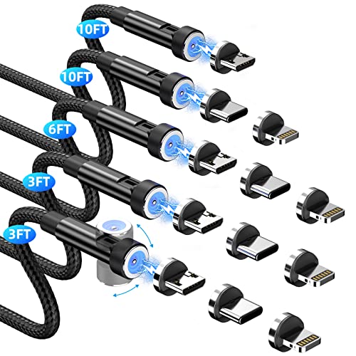 Ankndo Magnetisches Ladekabel [5er-Pack, 3/3/6/10/10FT] 3-in-1 magnetisches Handy-Ladegerät, 360° & 180° drehbar, magnetisches Ladekabel mit LED-Licht, USB C und i-Produkt-Geräte, Schwarz von Ankndo