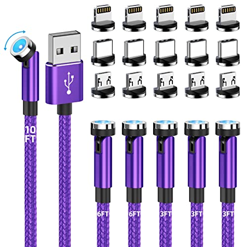 Magnetisches Ladekabel, 540 ° drehbar, magnetisches Handy-Ladegerät, 6er-Pack, 91 cm, 182 cm, Nylon-geflochtenes magnetisches USB-Kabel für iPhone Handy/Micro-USB. /Typ-C-Gerät, Violett von Ankndo