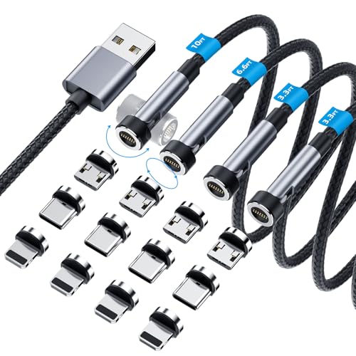 Magnetisches Ladekabel mit 540 ° drehbar, 3-in-1, magnetisches Handy-Ladegerät [4er-Pack, 0.9 m/0.9 m/1.8 m/3.0 m), unterstützt Datenübertragung, USB-Magnetladekabel für iPhone/Micro-USB/Typ-C-Gerät von Ankndo