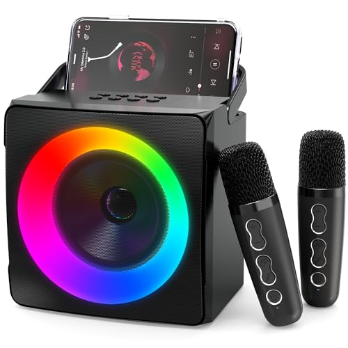 Ankuka Karaoke Maschine, tragbarer Bluetooth Karaoke Lautsprecher mit 2 kabellosen Mikrofonen und dynamischen Lichtern für Erwachsene und Kinder, Geschenk für Mädchen und Jungen, Heimparty(Schwarz) von Ankuka