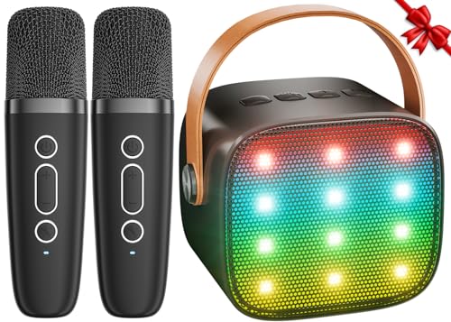Karaoke Maschine Kinder Mini Karaoke Maschine mit 2 Mikrofonen Bluetooth-Lautsprecher mit LED-Lichtern und Stimmenverzerrer, Geschenk für Mädchen 3, 4, 5, 6, 7, 8, 9,10,11,12+ Jahre (Schwarz) von Ankuka