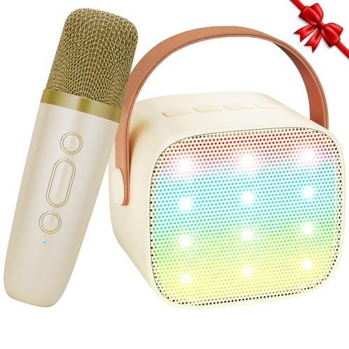 Ankuka Karaoke Maschine mit 1 Drahtlosen Mikrofonen für Kinder, Tragbares Bluetooth KTV Anlage, Lautsprecher mit Stimme wechselnde Effekte & LED-Lichter Jungen Mädchen Geschenke Heimparty Beige von Ankuka