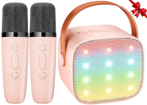 Karaoke Maschine Kinder Mini Karaoke Maschine mit 2 Mikrofonen Bluetooth-Lautsprecher mit LED-Lichtern und Stimmenverzerrer, Geschenk für Mädchen 3, 4, 5, 6, 7, 8, 9,10,11,12+ Jahre (Rosa) von Ankuka
