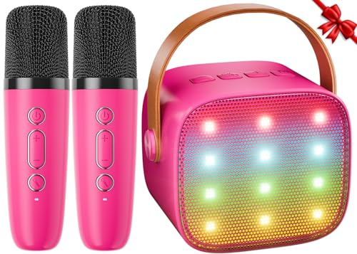 Karaoke Maschine Kinder Mini Karaoke Maschine mit 2 Mikrofonen Bluetooth-Lautsprecher mit LED-Lichtern und Stimmenverzerrer, Geschenk für Mädchen 3, 4, 5, 6, 7, 8, 9,10,11,12+ Jahre (Dunkelrosa) von Ankuka