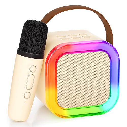 Ankuka Mini Bluetooth Karaoke Maschine, 2024 Spielzeug Karaoke mit 1 Mikrofon für 4, 5, 6, 7, 8, 9, 10, 12 Jahre alte Mädchen Geburtstagsparty, mit LED-Umgebungsbeleuchtung. (Beige) von Ankuka