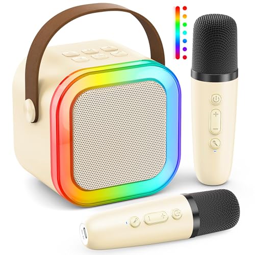Ankuka Karaoke Maschine Kinder Mini Karaoke Maschine für Kinder und Erwachsene, Karaoke Anlage Mit 2 Mikrofonen Mädchen Karaoke Spielzeug Kindermikrofon 3-12 Jahre (Beige) von Ankuka