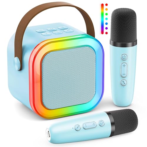 Ankuka Micro Karaoke Kinder mit 2 drahtlosen Mikrofonen, Mädchen Karaoke Spielzeug Kindermikrofon 3-12 Jahre, Tragbares Bluetooth Karaoke mit magischem Stimmenwechsel und LED Licht. (Blau) von Ankuka
