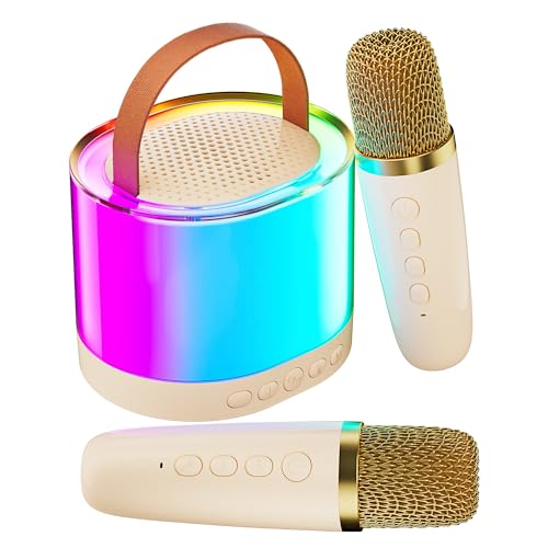 Ankuka Tragbare Karaoke Maschine mit 2 Drahtlosen Mikrofon, Bluetooth Lautsprecher Box mit Lichteffekte für Kinder Erwachsene，Unterstützt TF/USB,AUX in, für Party, Geburtstag(Beige) von Ankuka